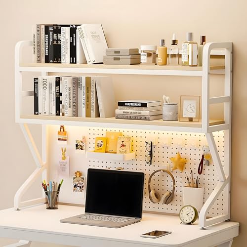 RNQZ 2 Tier Desktop Bookshelf,Metal Storage Office Desktop Organizer Shelf with Pegboard, Storage Display Rack for Office, Dormitory, Home,White,50cm
