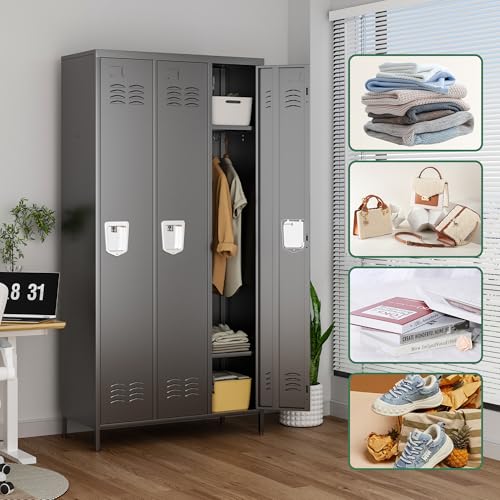 VIYET 3 Door Metal Lockers for Employees,Heavy-Duty Hooks,72" Secure Storage for Home,Offices,Schools & Gyms | Black