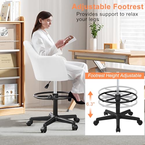 VECELO Drafting Chair with Height-Adjustable, Lumbar Support and Footrest, for Standing Desk Bedroom Vanity Office Living Computer Room, White