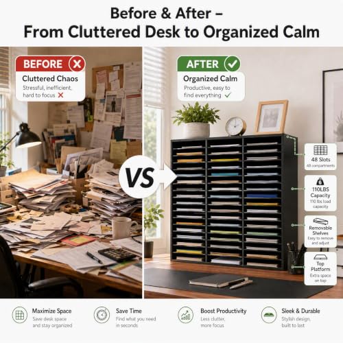 Literature Organizers | 48 Compartment Medium Oak Economical Organization | Wood Literature Sorter | Office Mailbox with Adjustable Shelves | Literature Storage Cabinet Classroom Keepers | Black