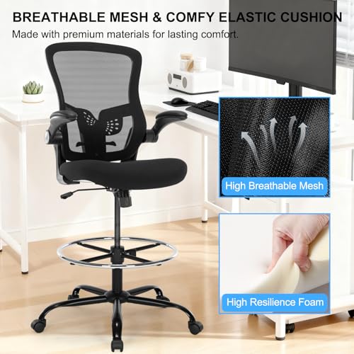 Bondesin Drafting Chair, Ergonomic Tall Office Chair with Lumbar Support Standing Desk Stool with Flip-up Armrests Comfy High Office Desk Chair with Adjustable Foot Ring for Counter Height Desk, Black
