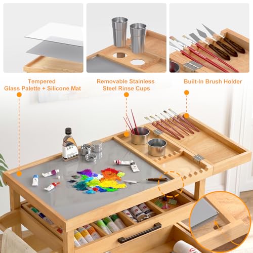 GDLF Solid Beech Wood Art Cart, Artist Taboret with Tempered Glass Palette