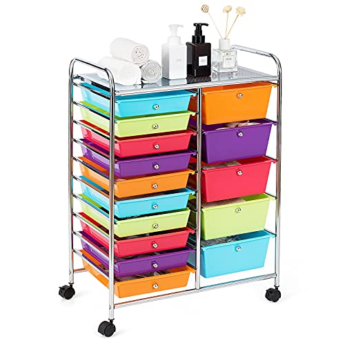 15-Drawer Storage Cart, Mobile Rolling Utility Cart w/Wheels, Multipurpose Organizer Cart for Tools, Scrapbook, Paper, Ideal for Home Office School (Multicolor)