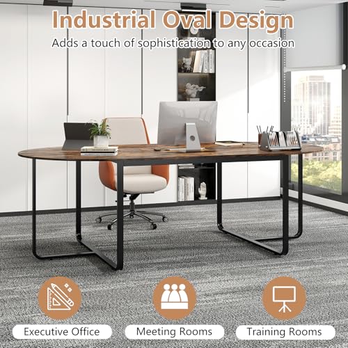 Nightcore 8 FT Oval Conference Table, 95" x 48" x 30" Large Meeting Table with Cable Holes and Strong Metal Frame for Office, Business Style Training Table for 12 People, Rustic Brown & Black