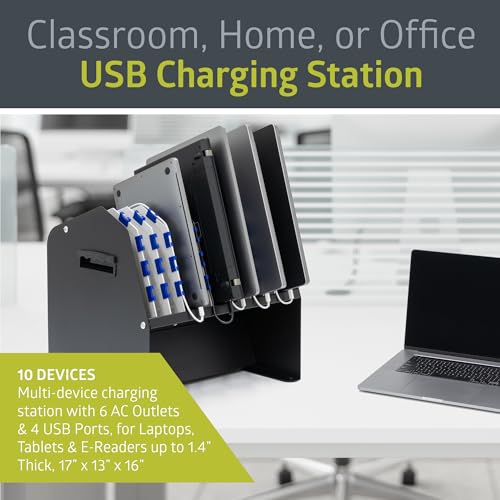 Pearington 10-Device USB Laptop Charging Station for Classroom, Home, or Office, Includes 6 AC Outlets & 4 USB Ports, Store Laptops, Tablets & E-Readers up to 1.4" Thick, 17" x 13" x 16"