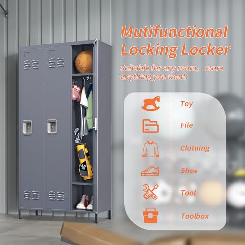 CIATRE 72" Tall Metal Lockers with Lock and Hooks 3 Doors Storage Cabinet, for School Office Gym Bedroom, Assembly Required for Employees, School, Office, Gym (Gray)