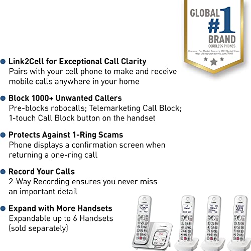 Panasonic Cordless Phone with Answering Machine, Link2Cell Bluetooth Home Phones, Voice Assistant and Advanced Call Blocking, Expandable System with 4 Handsets, Cordless Telephone, KX-TGD864W (White)