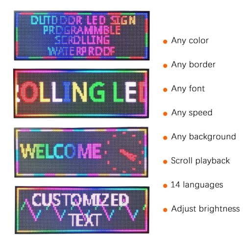 HS P10 Led Scrolling Sign Programmable ,Digital Display Outdoor, Electronic Message Board Waterproof , Open Neon Signs for Business Store Advertising Restaurant Window , High Brightness Full Color APP Control Customized Text 39''x14''