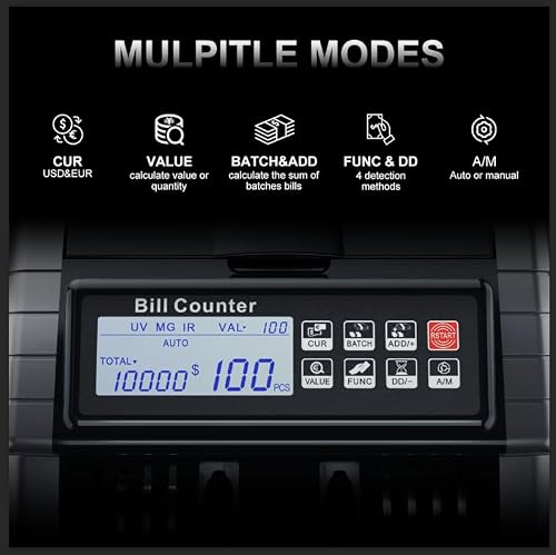 LOLARAN AL1000 Money Counter Machine with Value Counting for USD & EUR, UV/MG/IR/DD/DBL/HLF/CHN Counterfeit Detection, LCD Display, Count/ADD/Batch/AUTO/Manual Modes, 1,300 Notes/Min