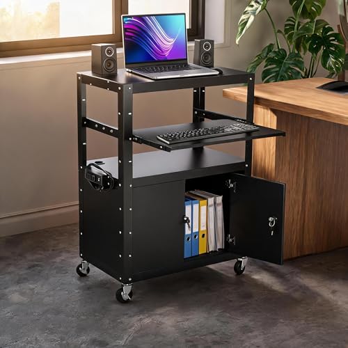24-42 Inch Adjustable AV Media Cart with Lockable Storage Cabinet, Rolling Mobile Stand with Expandable Work Tray, Integrated Cable Management, Smooth Swivel Wheels for Office, Classroom, Home Studio
