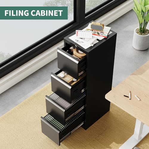 Takywep Heavy Duty 4 Drawer Metal File Cabinet with Lock, Secure Vertical Filing Cabinet for Letter, Legal, A4, F4 Documents, Office Storage Organizer for Home or Workplace,Black