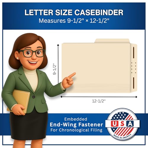 Manila Casebinder File Folders, Doctor Stuff, Top Tab, Letter Size with Fully Reinforced Back, 2” Embedded Fastener on Endwing, and 1/2 Cut Assorted Top Tabs, 14 pt Stock, Box of 50