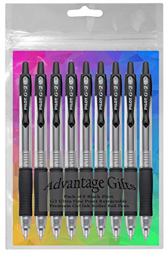 Advantage Gifts G2 Retractable Premium Gel Ink Roller Ball Pens Ultra Fine Point (.38mm) Black Ink 9 pack; Refillable & Premium Comfort Grip