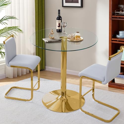 Sweiko 3-Piece Dining Table Set,Kitchen Glass Round Small Table with Modern PU Leather Chairs for Small Spaces（Golden Table + Light Grey Chairs）