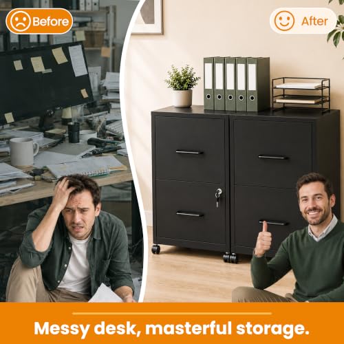 Yukimo 2 Drawer File Cabinet with Wheels, Metal Mobile Filing Cabinets with Lock, Vertical File Cabinet for Home Office, Rolling Storage Cabinet for A4/Letter/Legal Size File, Assembly Required, Black