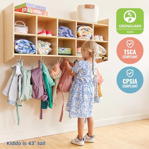 ECR4Kids 10-Section Wall-Mounted Hanging Coat Locker with Shelf, Classroom Furniture, Natural