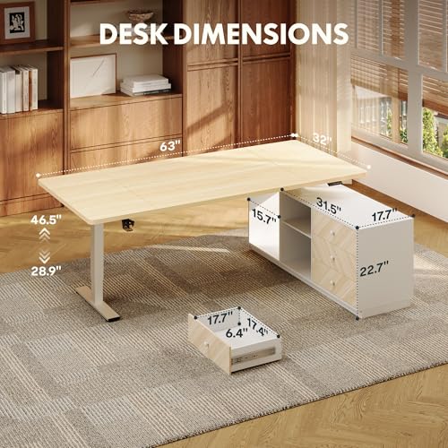 FLEXISPOT 63" L Shaped Standing Desk with Drawers, White Wood Grain