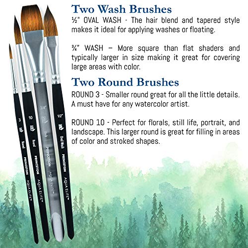 Princeton Artist Brush Co Aqua Elite 4850 Series - 4pc Watercolor Brush Set - Synthetic Watercolor Brushes Professional Kolinsky Sable Brushes - 1/2” Oval Wash, 3/4" Wash, Round 3 & Round 10