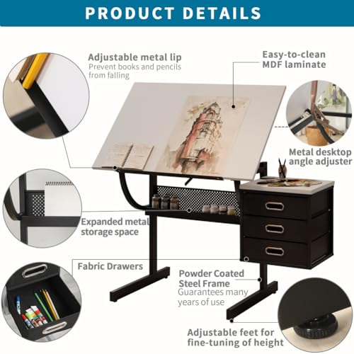 NestLude Adjustable Drafting Table with Stool, Tilting Art Desk with Storage Drawers for Home Office, Reading, Writing, Crafting. Perfect for Artists and Hobbyists (White)
