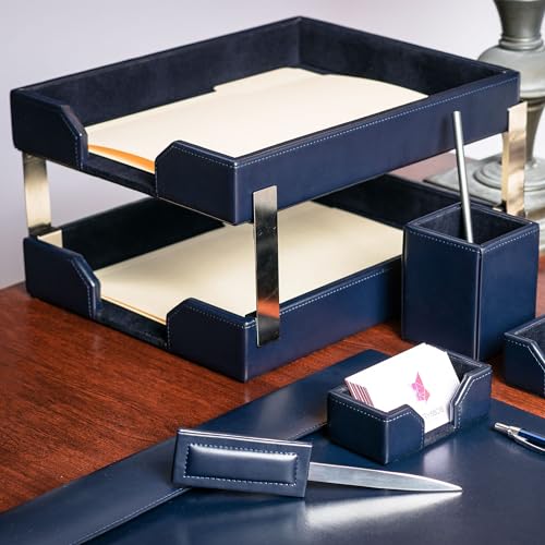 Dacasso Navy Blue Bonded Leather Front-Load Double Letter Tray Set w/Silver Stacking Posts - Luxury Executive Décor and Office Essential - Desk Surface Protector