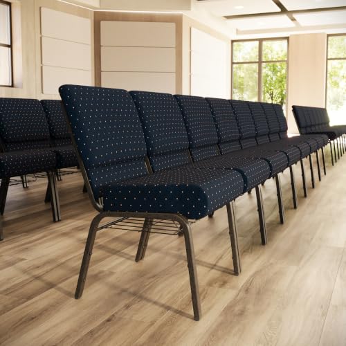 Flash Furniture HERCULES Series 21''W Church Chair in Navy Blue Dot Patterned Fabric with Book Rack - Gold Vein Frame
