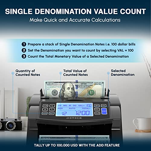 DETECK DT200 Money Counter Machine with Value Count - Large 4” LCD Display Cash Counter Machine, Add and Batch Modes, UV/MG/IR Counterfeit Detection Bill Counter, 1300 Bills/Min - Print Option