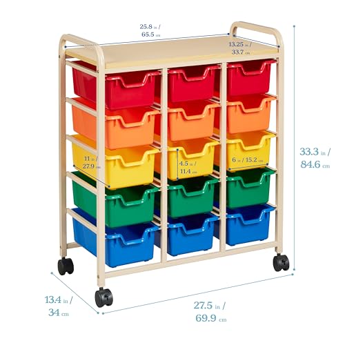 ECR4Kids 15-Bin Mobile Organizer with Shelf, Removable Bins, Sand/Assorted