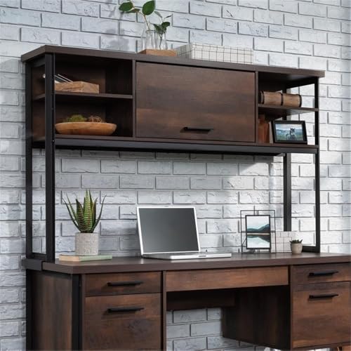 Pemberly Row Contemporary Hutch, 60 in Wide, Engineered Wood and Metal, Barrel Oak Finish, Attaches to Computer Desk, Barrister Door, 2 Adjustable Shelves, Office Storage Organizer