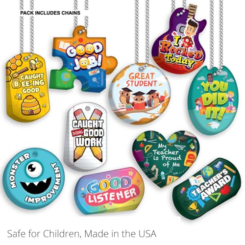 Brag Tags to Support, Build, & Recognize Positive Student Behavior in School Classrooms Value Pack: 500 Tags (50 Tags for Each Shape) + 150 USA-Made Hypoallergenic Aluminum Safety Chains