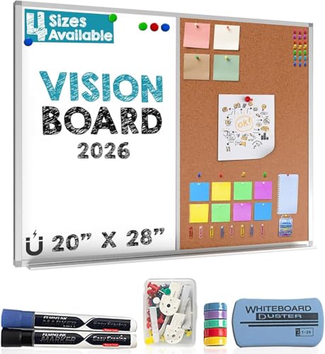 Besso Vision Board 2026: Dry Erase Cork Board Combo Set - 20" x 28" Magnetic White Board and Cork Bulletin Combination Board, Use as Message Board, Memo Board - w/Markers, Eraser, Magnets, Push Pins