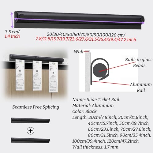 No Drill Restaurant Order Ticket Holder, Black Aluminum Slide Check Rack, 1/2/3/4/5 Pcs Catering Receipt Organizer Rail, Free DIY Splicing(2PACK,L 90cm/35 2/5inch)