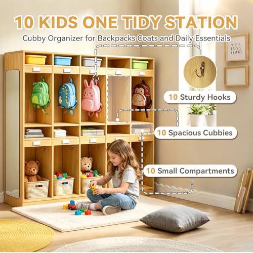 Zumic 20-Section Classroom Coat Locker with 10 Cubbies for Preschool Coat and Backpack Storage, Daycare Cubbies with 10 Hooks, Mirror, Kindergarten Lockers for School, Nursery, Home