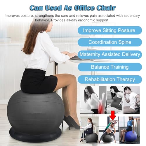 RENLXFI Backless Balance Ball Chair Exercise Stability, 21 25 29 Inch Pregnancy Labor Medicine Ball Chair for Home Gym Office, Gray Exercise Ball Kit with Base & Bands(Diameter 55cm(21 3/5 inch))