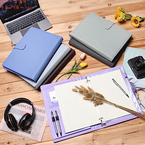Wonderpool A4 PU Leather 3 & 4 Ring Holder Writing Portfolio Multi Document Case with Removable Binder Clipboard and Functional Pocket for Organizer Office Travel School (Purple)