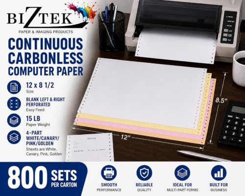 BIZTEK Continuous Carbonless Computer Paper 12 x 8 1/2, Blank Left and Right Perforated, 15 lb, 4-Part White/Canary/Pink/Golden - 800 Sets