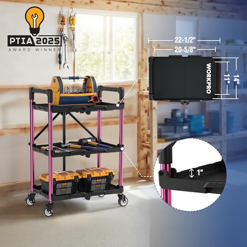WORKPRO 3-Tier Collapsible Utility Cart, 210 LBS Cart with Wheels