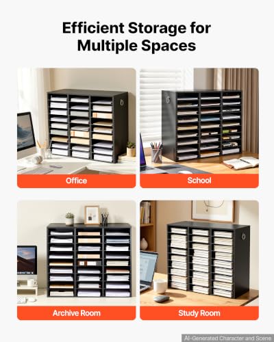 VEVOR Wood Literature Organizer 27 Compartments Office Mailboxes Black | Countertop Literature Sorter for Files Documents Papers, with Adjustable Shelves, for Office, Home, Classroom Organization