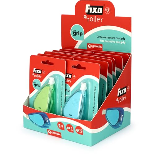 Fixo Roller - 12 Pack Side Correction Tapes Extra Long 8m x 5mm Ergonomic with Extra Strong Grip Instant Writing Perfect Office School Supplies