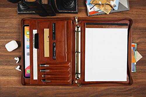 Personalized Leather Portfolio Binder with 3 Ring - Genuine Leather Padfolio and Business Organizer - Engraved Gift for Men and Women - Ideal for Conference and Presentation - Letter Size, Brown