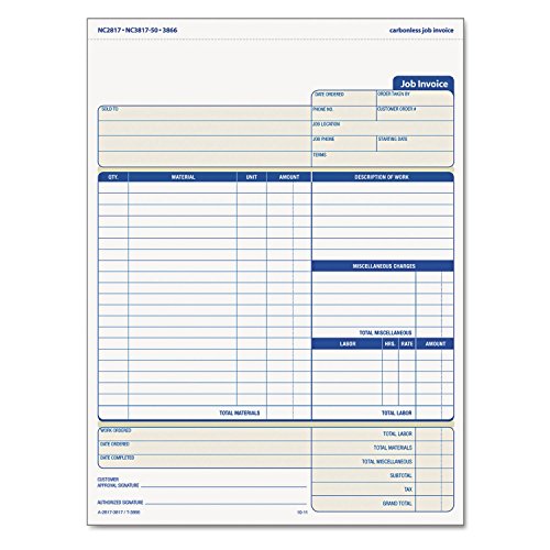 TOPS Job Invoice with Materials List, 3-Part, Carbonless, 8.5 x 11 Inches, 50 Sets per Pack (3866)