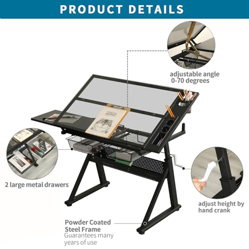 Japovker Adjustable Height Drafting Table with Storage Drawers & Stool for Adults, Glass Art Desk with Side Storage Strips, Drawing Table with Tilted Tabletop for Art Office Study (Black+Glass A)