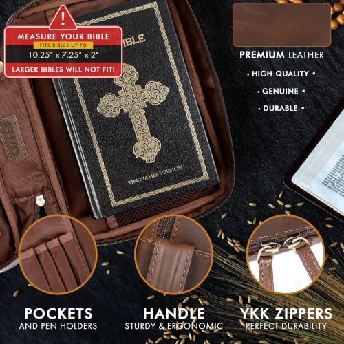 Leather Bible Cover for Men Bible Case for Women Zippered Holder Protector Cross Church Tote Bag Carrying Organizer Sleeve Gift Study Brown