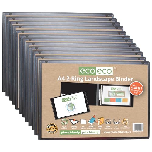 eco-eco A4 95% Recycled Presentation 22mm Spine 2 Ring Landscape Binder Black, Pack of 12, ec0146x12