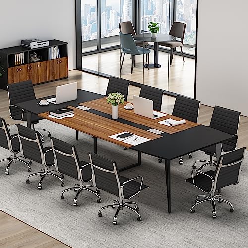 Tribesigns 8FT Conference Table, 94.48L x 47.24W x 29.52H Inches Boat Shaped Meeting Table with Rectangle Grommet, Modern Seminar Boardroom Table for Office Conference Room (8ft, Walnut & Black)