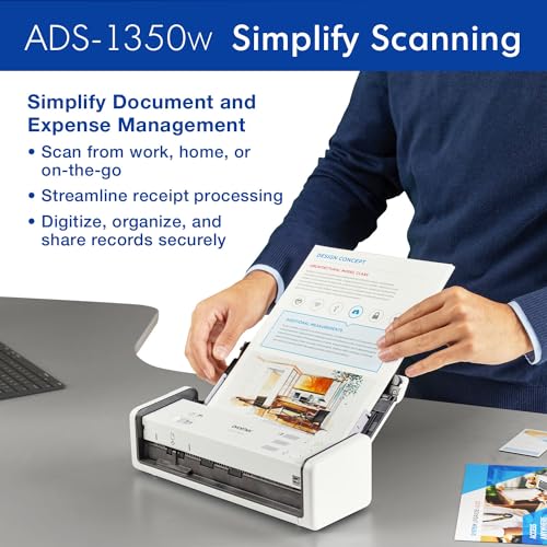 Brother ADS-1350W Wireless Compact Desktop Scanner | Scan Speeds of Up to 30ppm | Single Pass Double-Sided Scanning