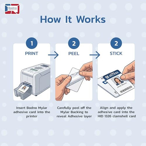 Bodno CR80 Mylar Adhesive Backed PVC Cards — 10 Mil Stickyback Overlay for Clamshell Proximity Cards | Printable, Peel & Stick | ID Badges, Access Control [200 Pack]