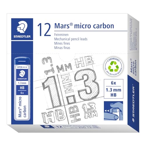 Staedtler Mars Micro Carbon Mechanical Pencil Refills, Tube of 6 1.3mm, Pack of 12 Tubes, HB Thick Graphite Leads, 250 13-HB