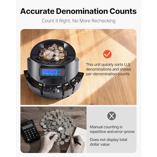 High Speed USD Coin Counter & Sorter, Built-in LCD Display, 300 Coins Per Minute, 2000 Coins Capacity with 5 Coin Bins and Tubes