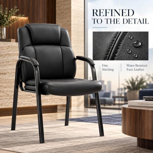 Simple Deluxe Office Guest Chair with Padded Arm Rest No Wheels, Waiting Room Reception Leather Stationary Chairs for Conference Room, Lobby, Home, Desk Table Side, Dining, 1 Pack Thickened Cushion