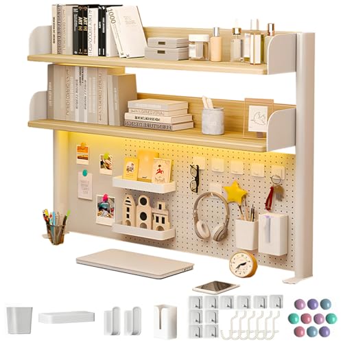 BEUDUOQI Clamp on Desk Shelf, Multipurpose 2-3 Tier Desk Hutch with Pegboard, Wood Desktop Countertop Storage Organizer Height Adjustable,Desktop Bookshelf for Dorm,Office Home,Walnut 3tier 31in